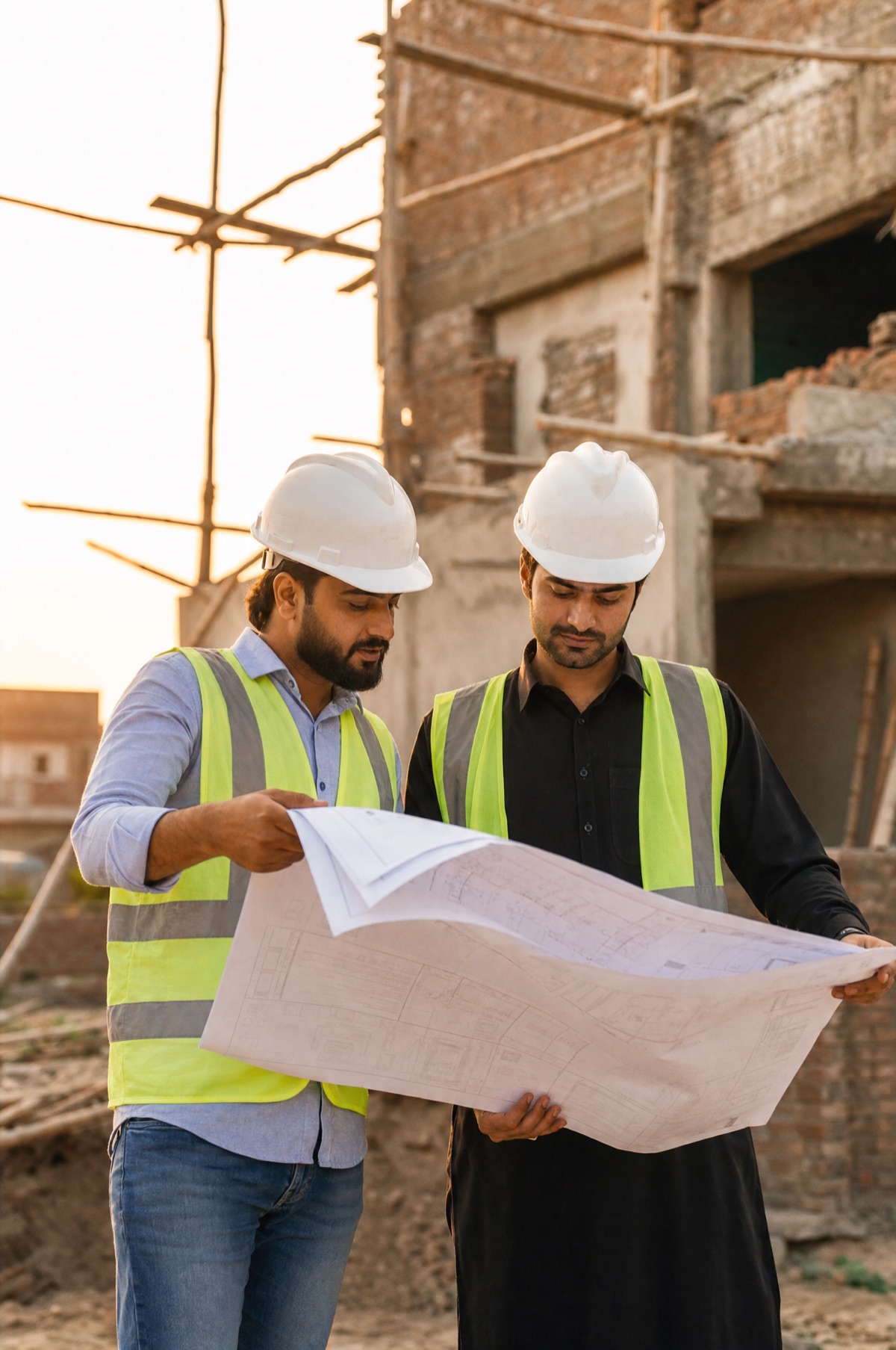 Sheikh Construction engineers reviewing blueprints on a residential site