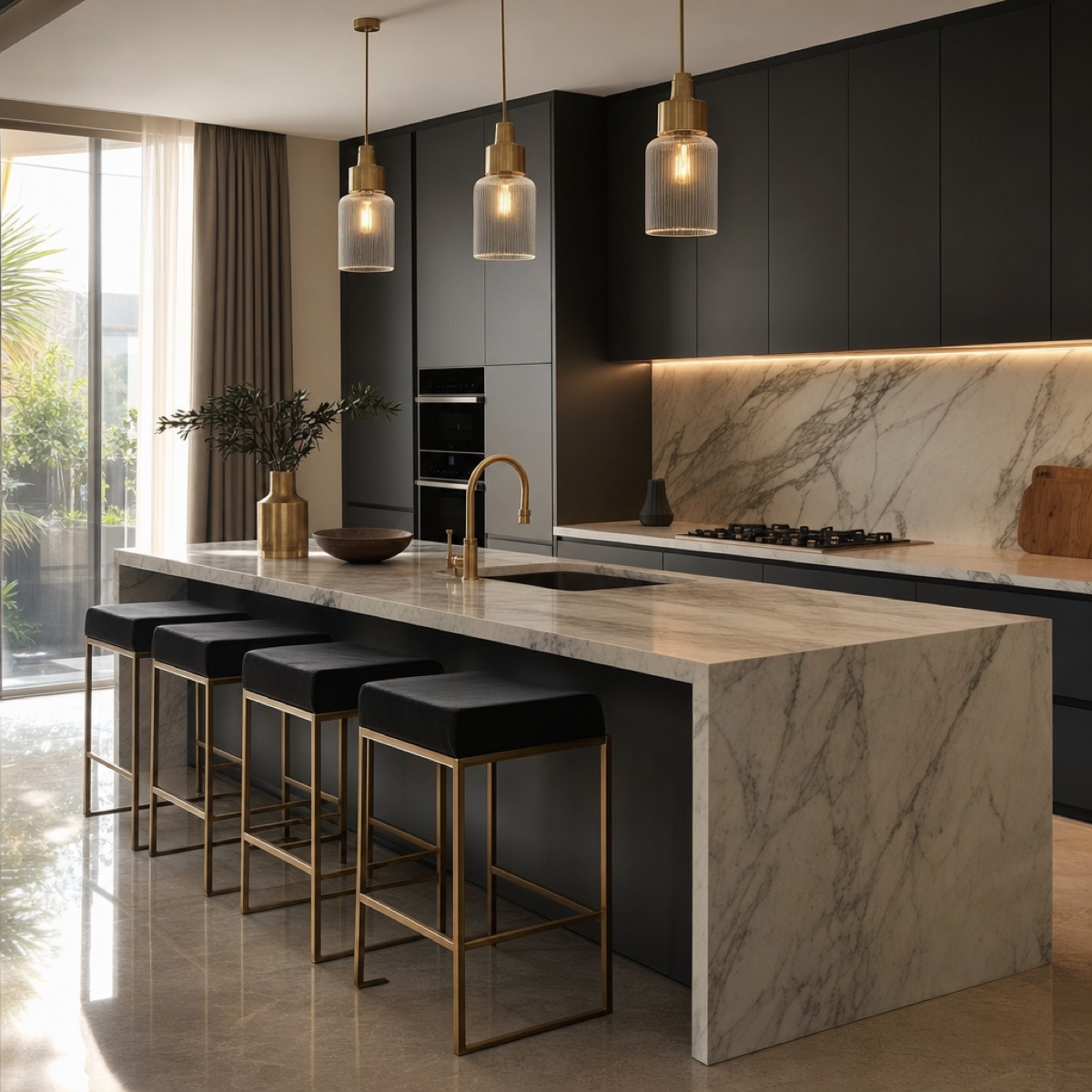 Luxury kitchen with marble island and brass fixtures