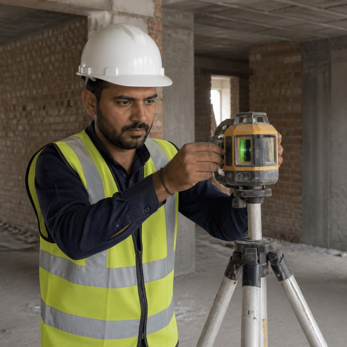 Site engineer checking a laser level inside a grey structure