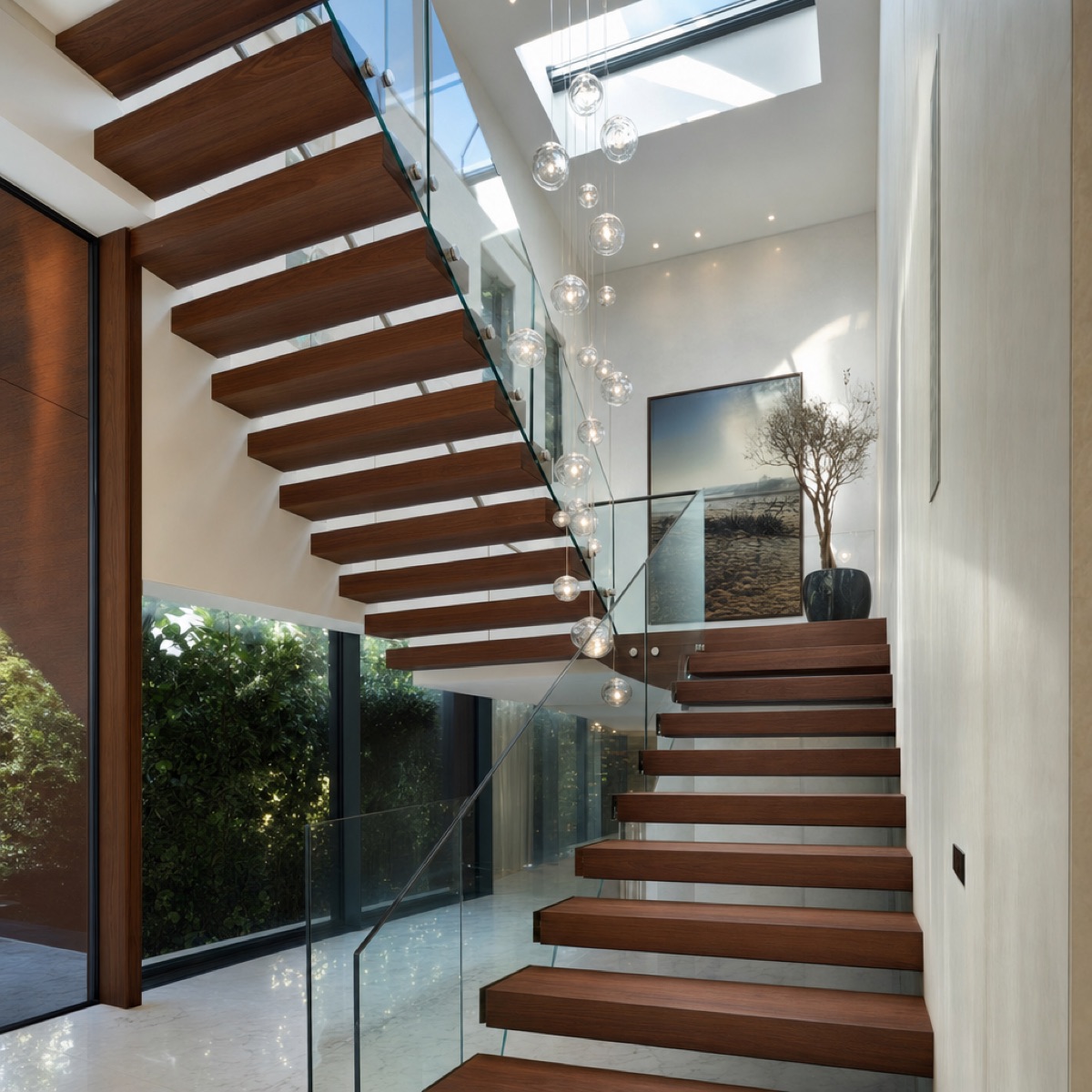 Floating walnut staircase with glass railing