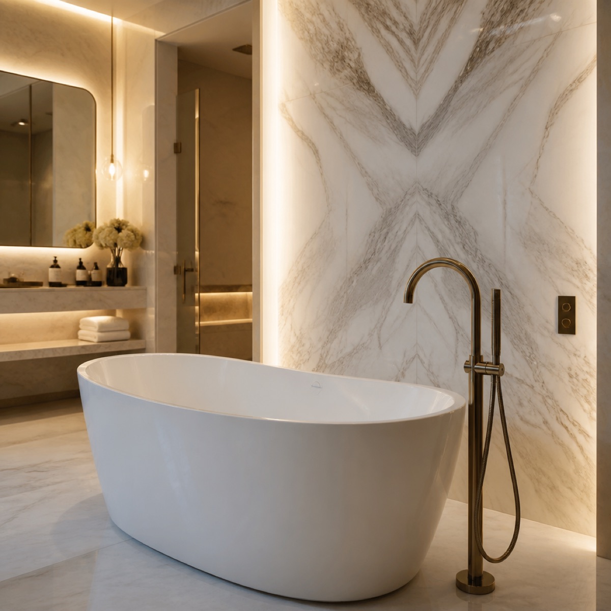 Spa bathroom with bookmatched marble and freestanding tub