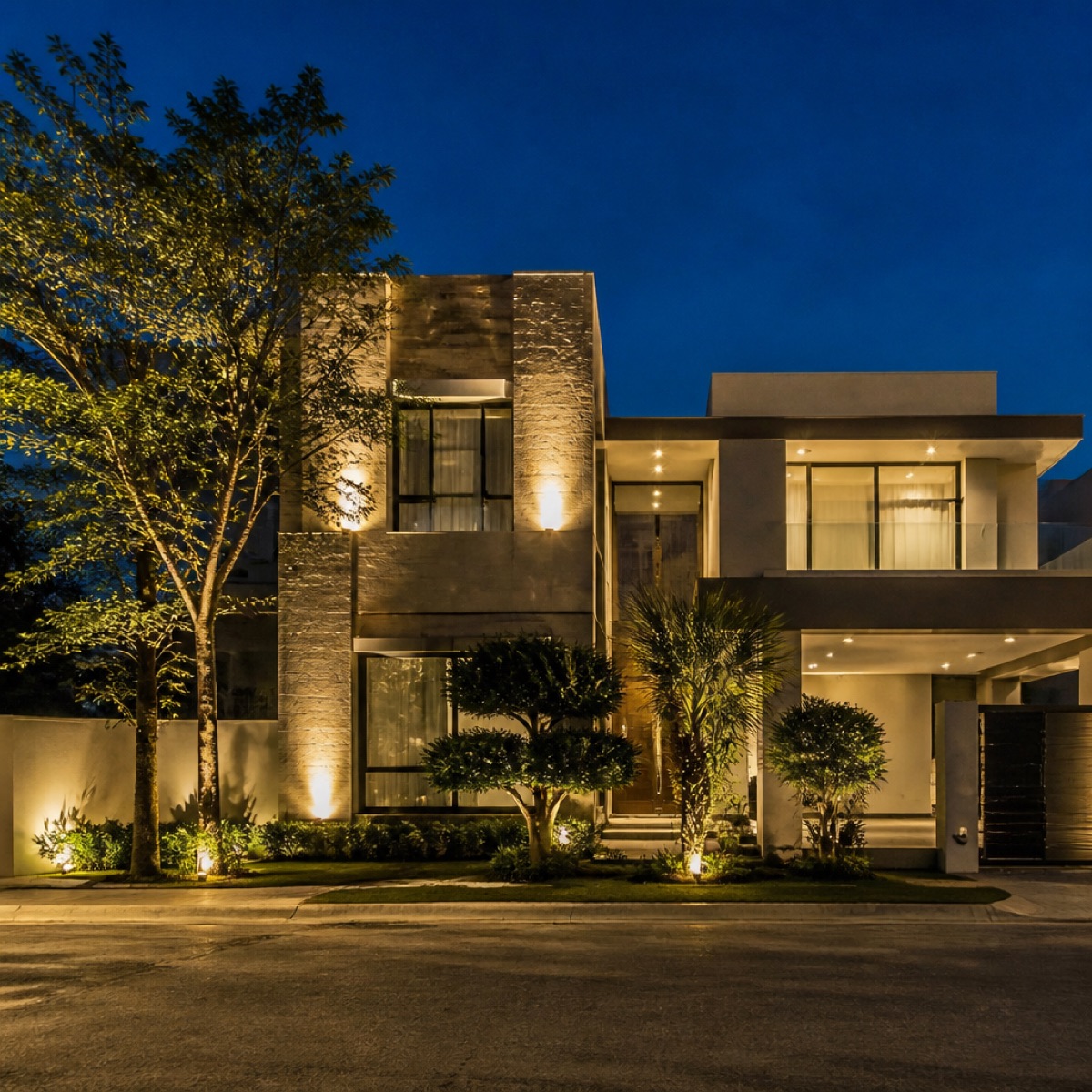 Villa facade with night lighting