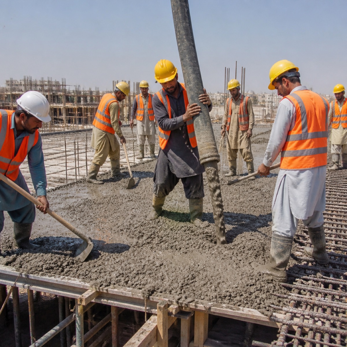 Crew pouring a concrete roof slab