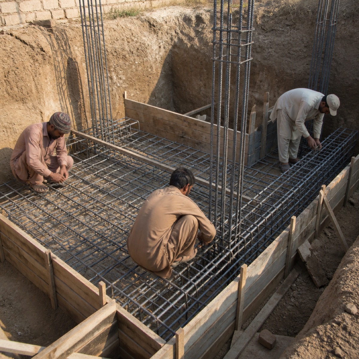 Steel rebar cage being tied for foundations