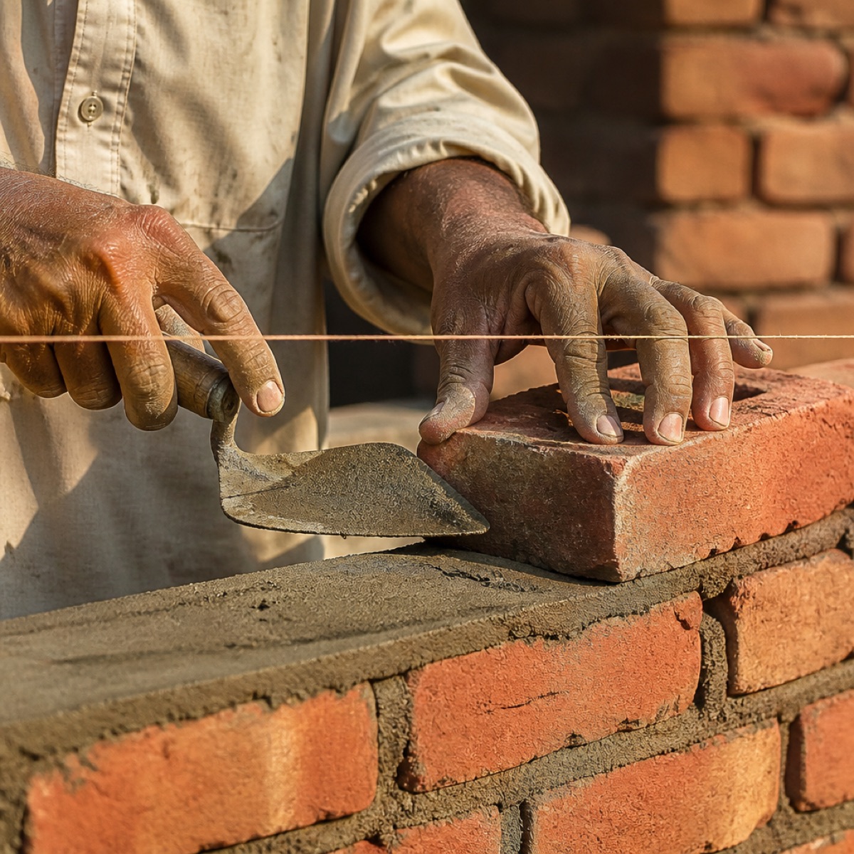 Mason laying bricks with string line