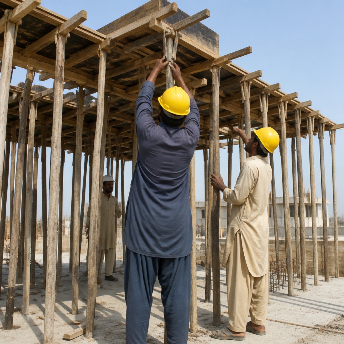 Wooden shuttering and props for a roof slab