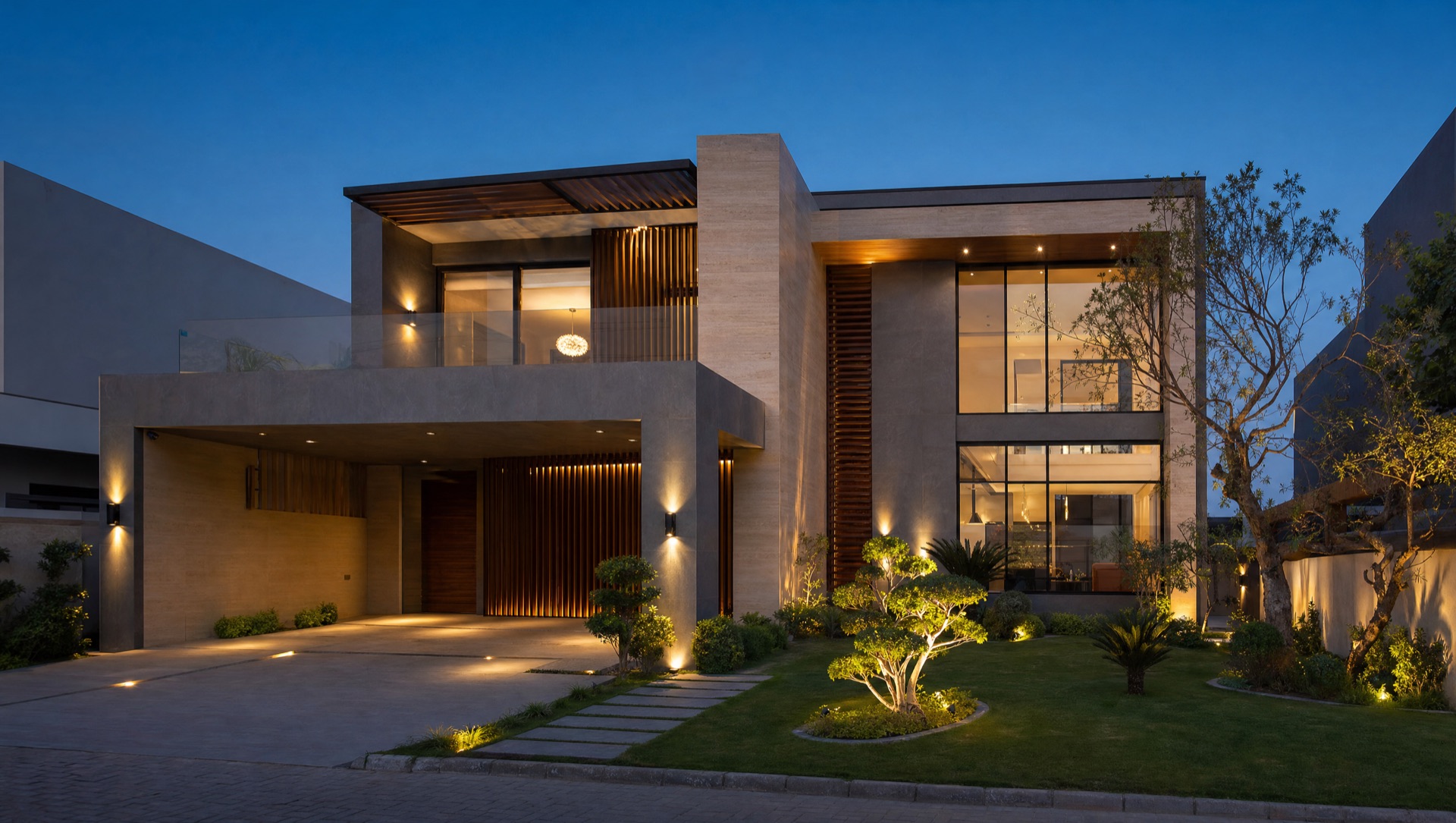 Modern luxury villa built by Sheikh Construction Company, photographed at dusk
