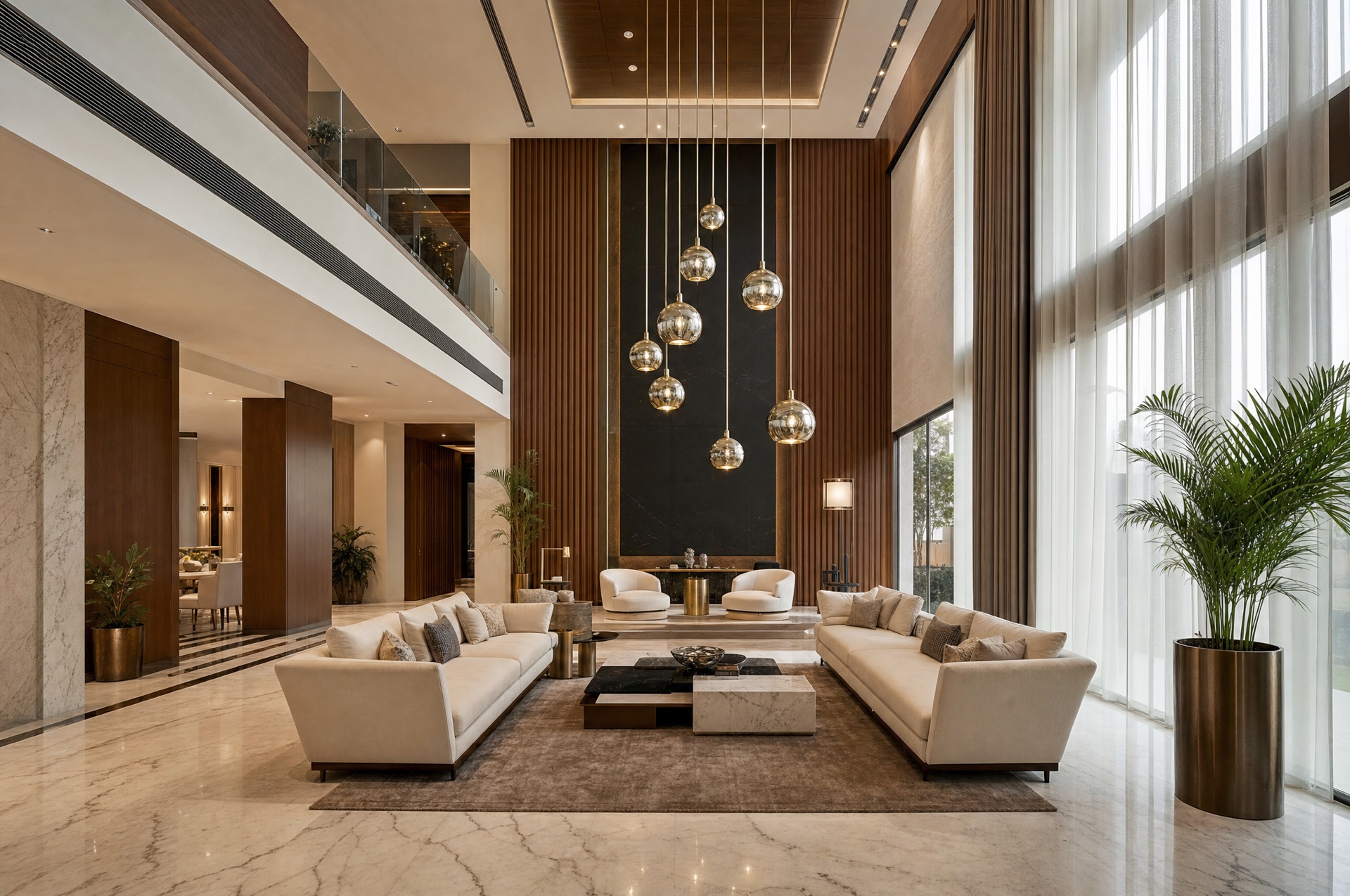 Luxury finished living room with marble flooring and walnut panelling