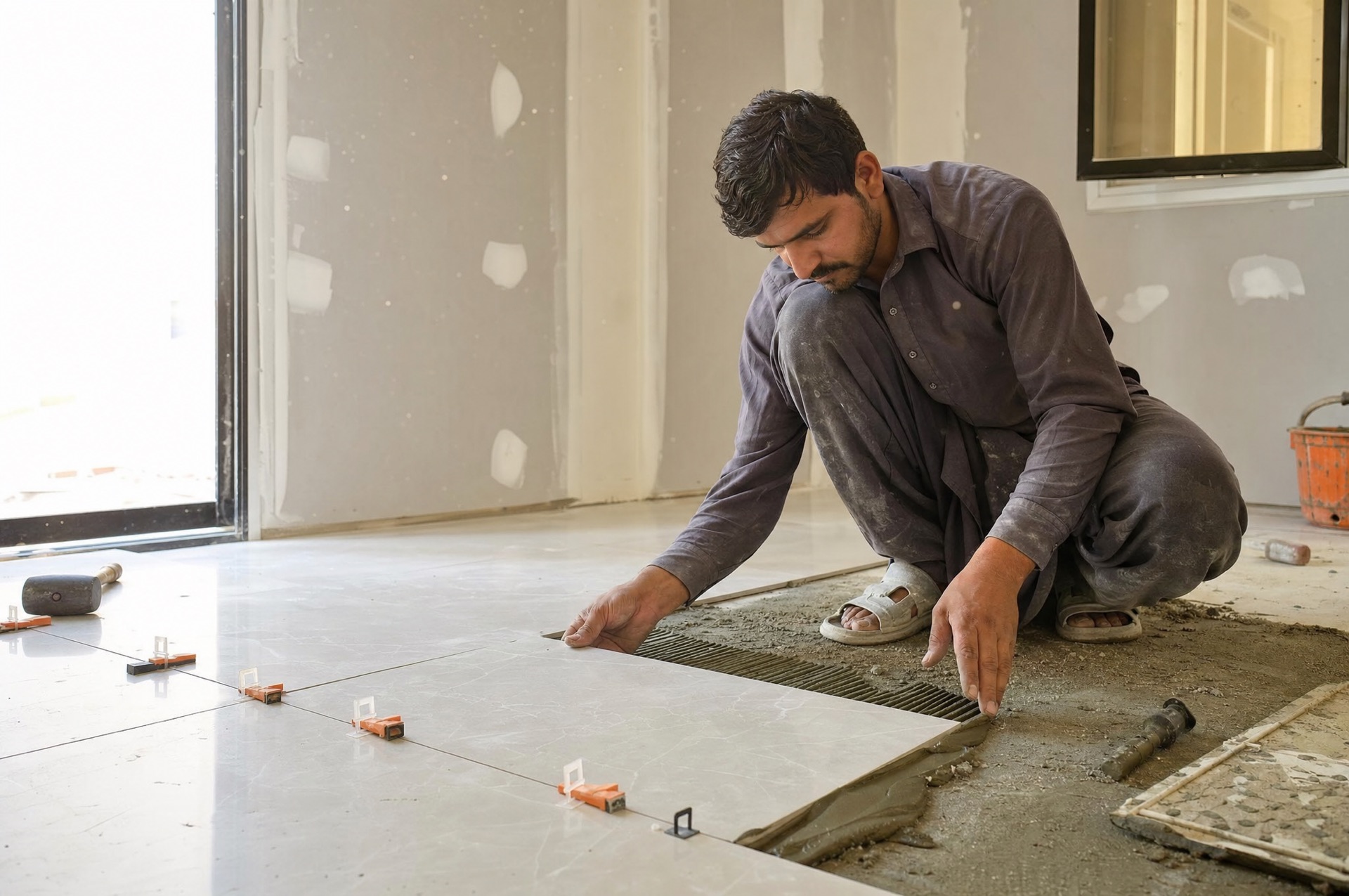 Craftsman installing large-format tiles during a renovation