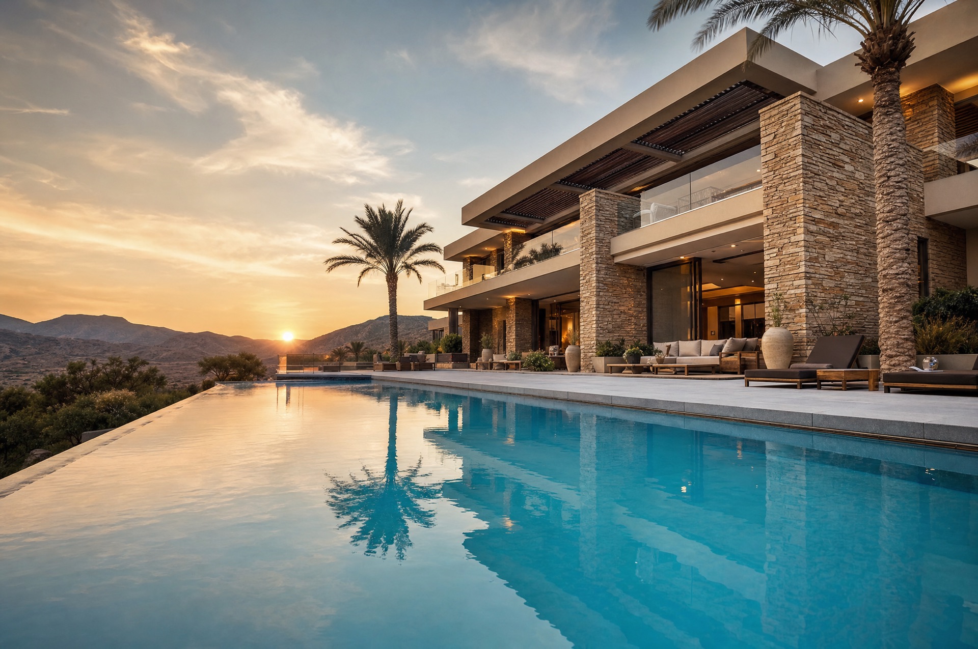 Luxury villa with infinity pool at sunset